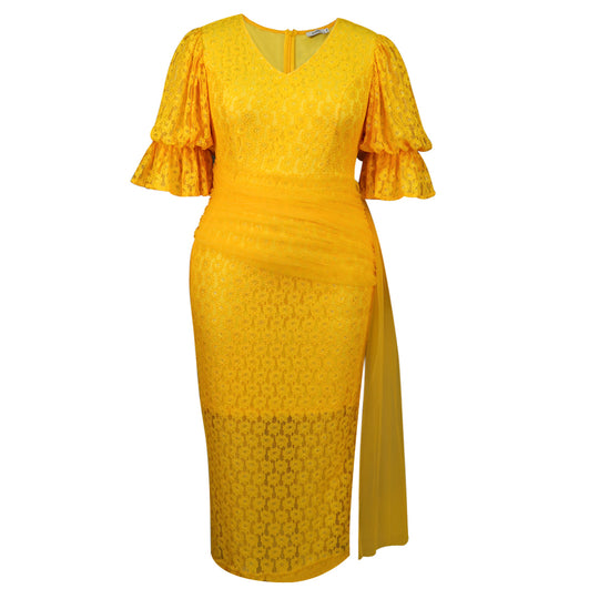 Damen elegantes Spitzenteil Kleid mit voluminösen Rüschensäumen R&B