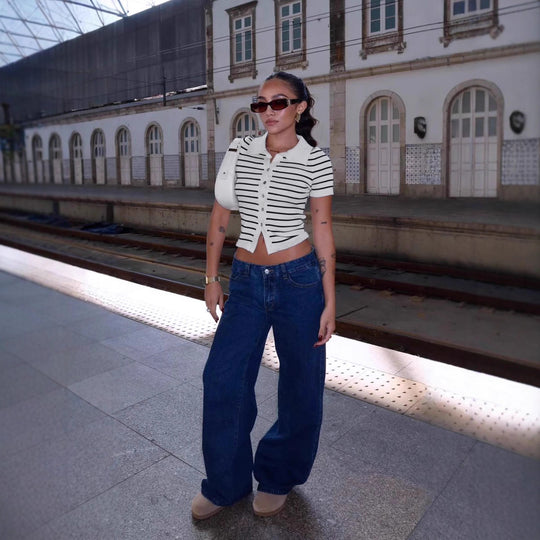 Damen Kurzarmshirt mit klassischem Polokragen und gestreiftem Design R&B