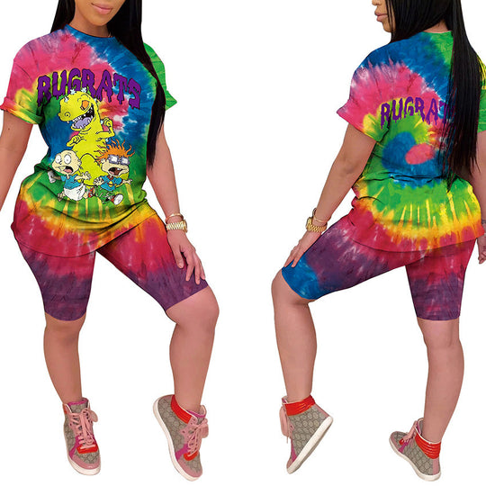 Damen Kurzarm-Set mit einzigartigem Cartoon-Druck und bequemen Radlerhosen R&B