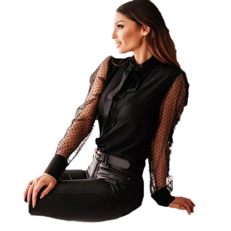 Damen Bluse mit transparenten Puffärmeln und filigranem Schleifen-Detail R&B
