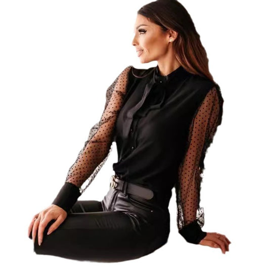 Damen Bluse mit transparenten Puffärmeln und filigranem Schleifen-Detail R&B