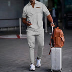 Herren nan lässiges Freizeitset aus elastischem Jersey mit V-Ausschnitt Brusttasche und Kordelbund R&B