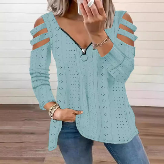 Damen modisches Oberteil mit Cut-Out-Ärmeln und tiefem V-Ausschnitt R&B