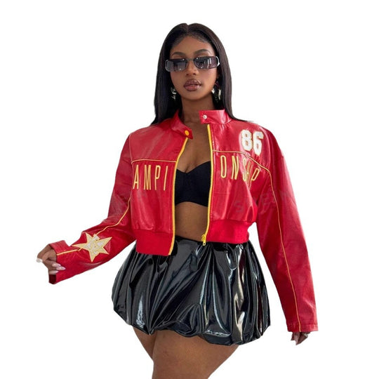 Damen cropped Kunstlederjacke mit sportiven Details R&B