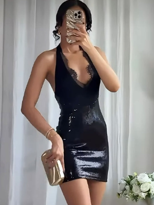 Damen Glamouröses Pailletten-Minikleid mit tiefem V-Ausschnitt und eleganter Spitzenverzierung R&B