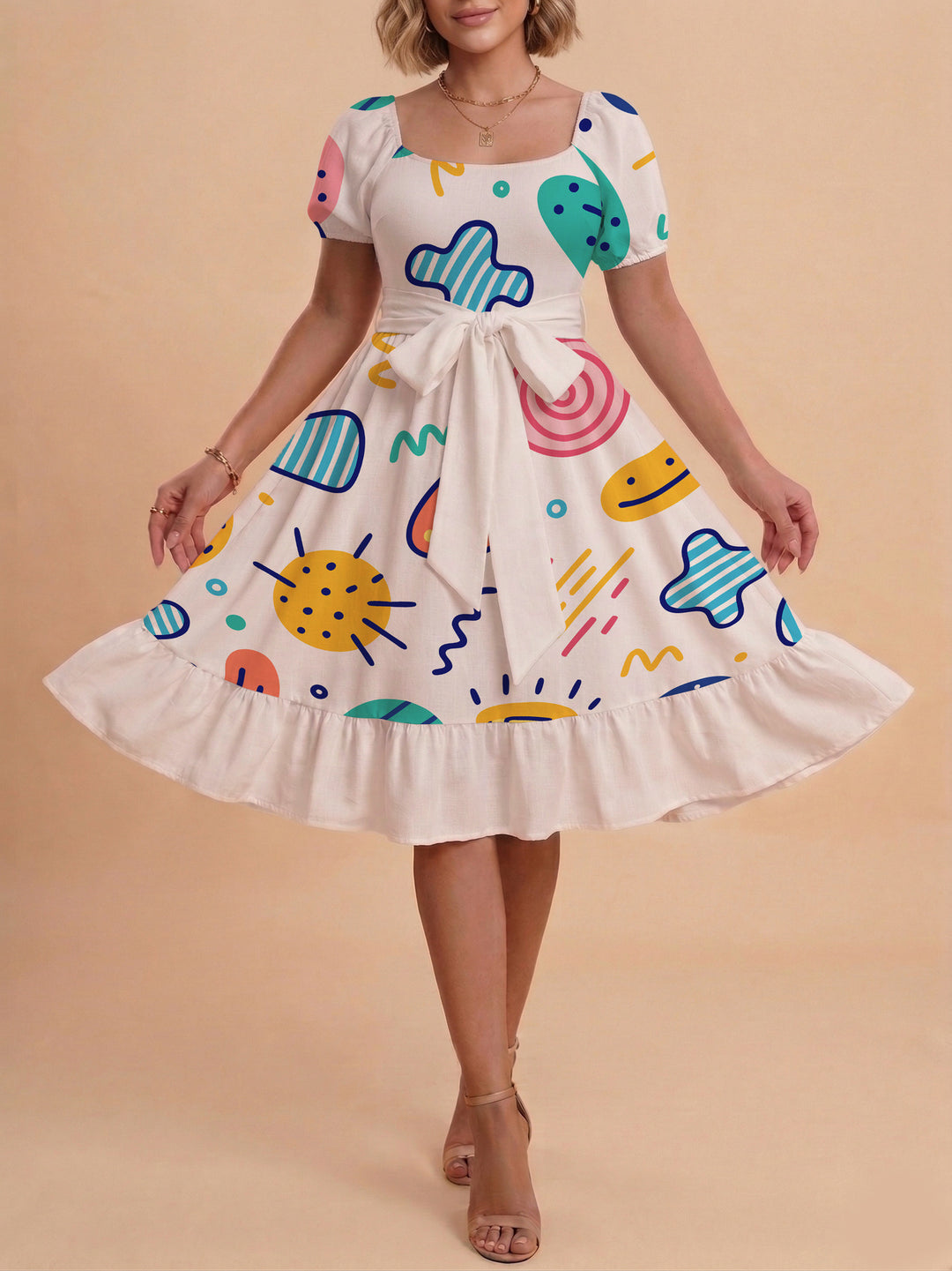 Damen Sommerkleid mit floralem Puffärmel und taillierbarem Gürtel R&B