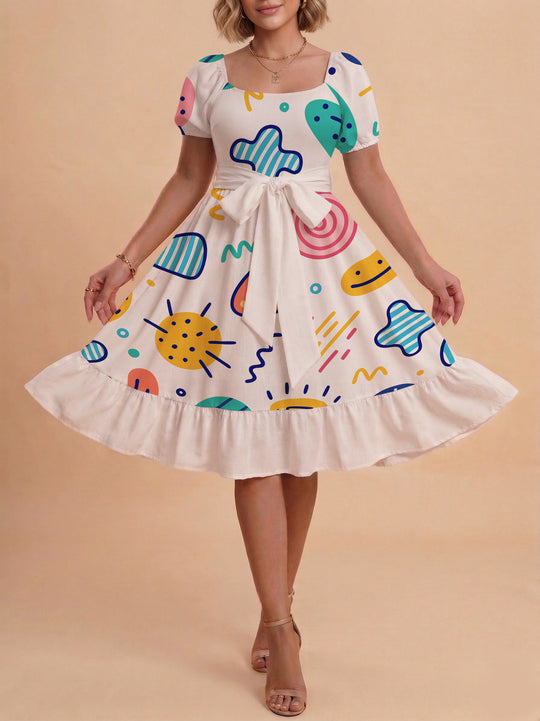 Damen Sommerkleid mit floralem Puffärmel und taillierbarem Gürtel R&B