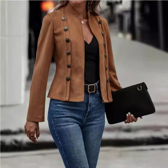 Damen modische Suedejacke mit steigendem Kragen und Knöpfen R&B