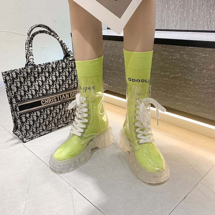 Damen trendige Stiefeletten im transparenten Design mit knalligem Detail R&B