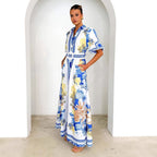 Damen Maxikleid mit floralem Knopfleisten-Design und tailliertem Gürtel R&B
