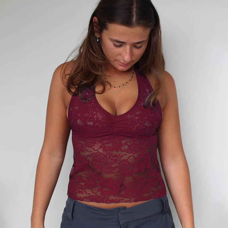 Damen Spitzen-Haltertop mit floralem Muster und tiefem V-Ausschnitt R&B