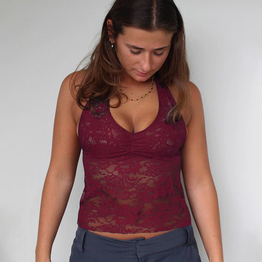 Damen Spitzen-Haltertop mit floralem Muster und tiefem V-Ausschnitt R&B