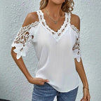 Damen Bluse mit transparenten Spitzenärmeln und V-Ausschnitt R&B