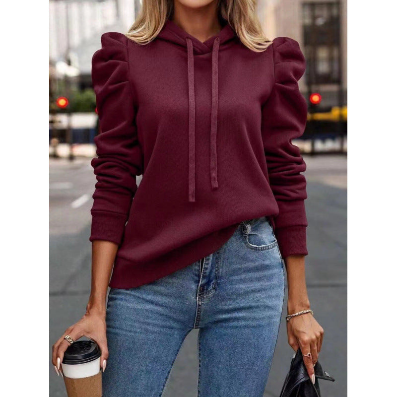 Damen modischer Kapuzenpullover mit Puffärmeln und praktischen Taschen R&B