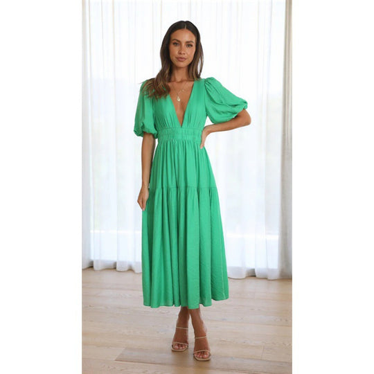 Damen Midi-Kleid mit Puffärmeln und tiefem V-Ausschnitt R&B