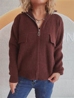 Damen lässige Strickjacke mit praktischen Taschen und hohem Kragen R&B