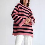 Damen lässiger Strickpullover mit kontrastierenden Streifen und weitem Schnitt R&B