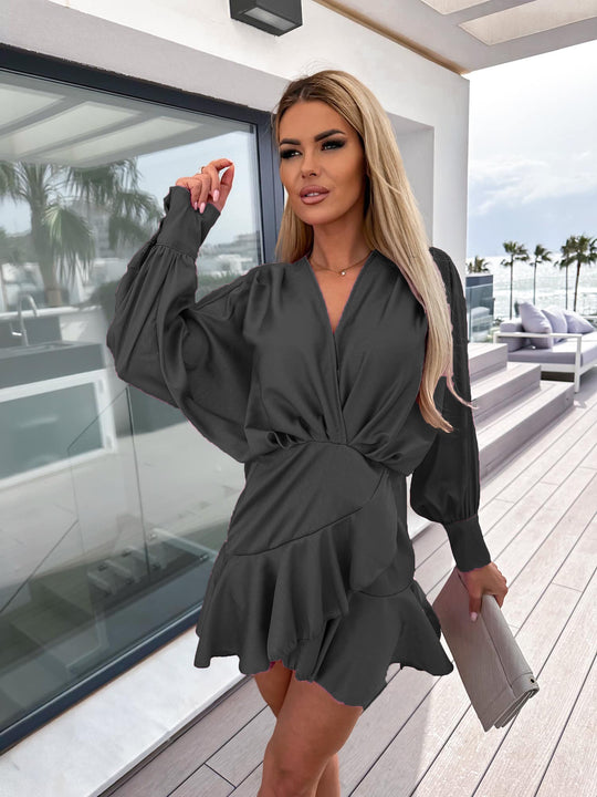 Damen Wickelkleid mit voluminösen Ärmeln und schwingendem Saum R&B