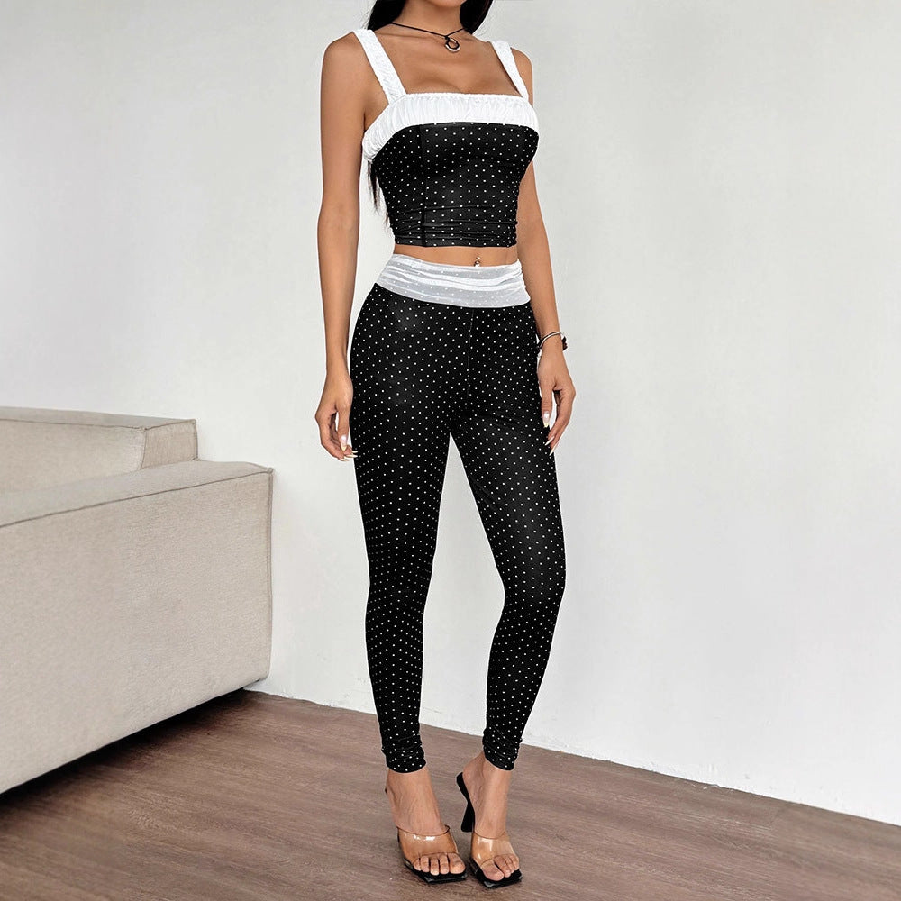Damen Zweiteiliges Set mit gepunktetem Top und passender Hose R&B