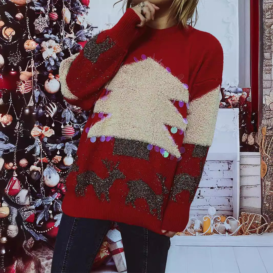 Damen festlicher Pullover mit weihnachtlichem Motiv und Glitzerapplikationen R&B