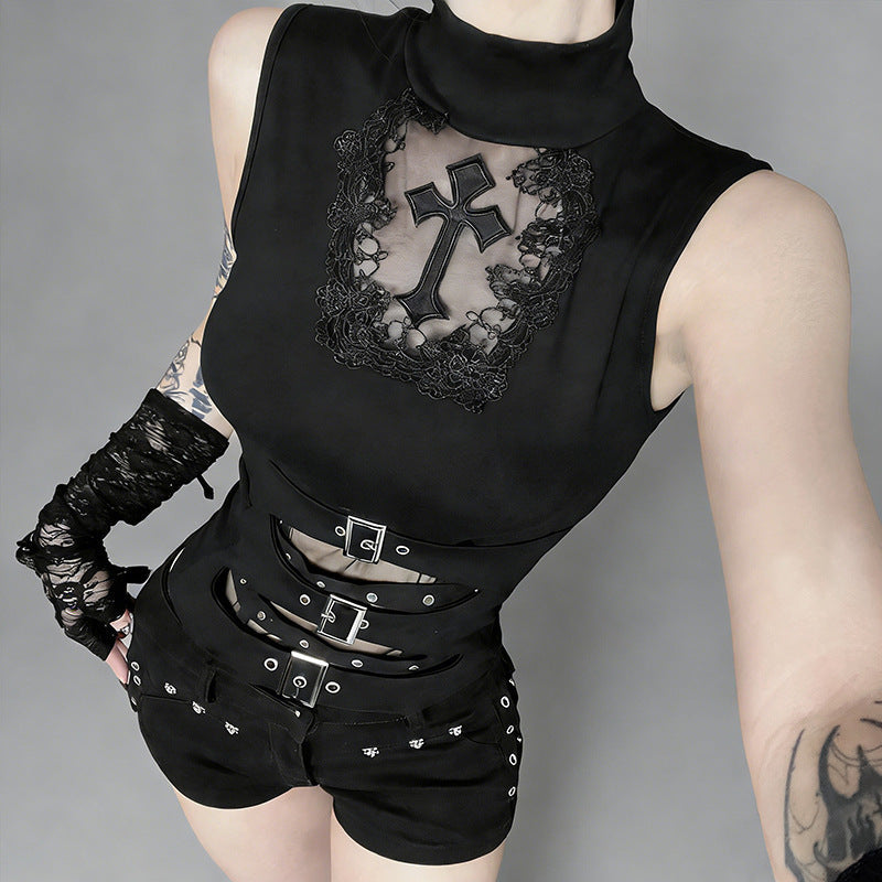 Damen Gothic Body mit dekorativem Spitzen- und Kreuzdesign und tailliertem Schnitt EB