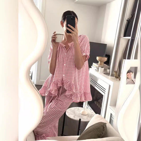 Damen Pyjama-Set mit Rüschen und Karomuster R&B