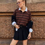 Damen Gestreifter Polo-Pullover mit Knopfleiste und langem Schnitt R&B
