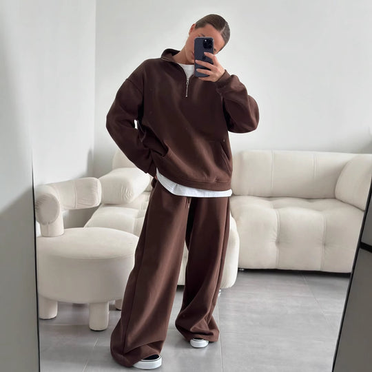Damen gemütliches Fleece-Loungewear-Set mit hochgezogenem Kragen und lockerer Passform R&B