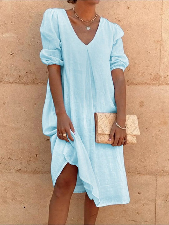 Damen lässiges Leinenkleid mit V-Ausschnitt und Puffärmeln R&B