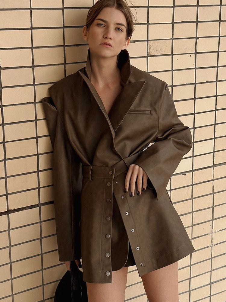 Damen lässige Kunstlederjacke mit hohem Kragen und praktischen Druckknöpfen R&B
