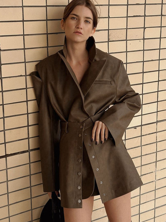 Damen lässige Kunstlederjacke mit hohem Kragen und praktischen Druckknöpfen R&B