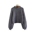 Damen modischer Pullover mit Perlendetails und ballonförmigen Ärmeln R&B