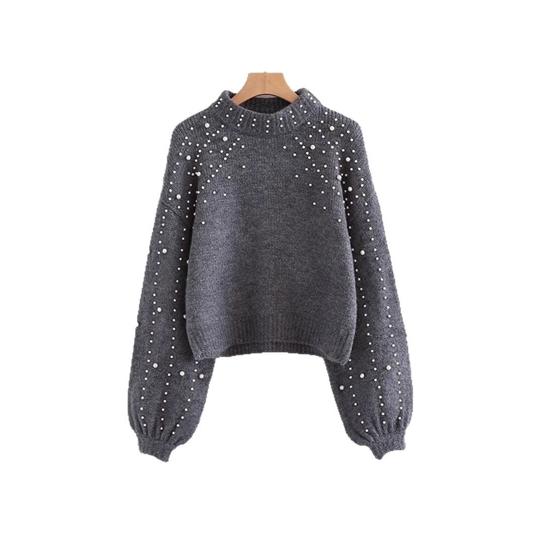 Damen modischer Pullover mit Perlendetails und ballonförmigen Ärmeln R&B