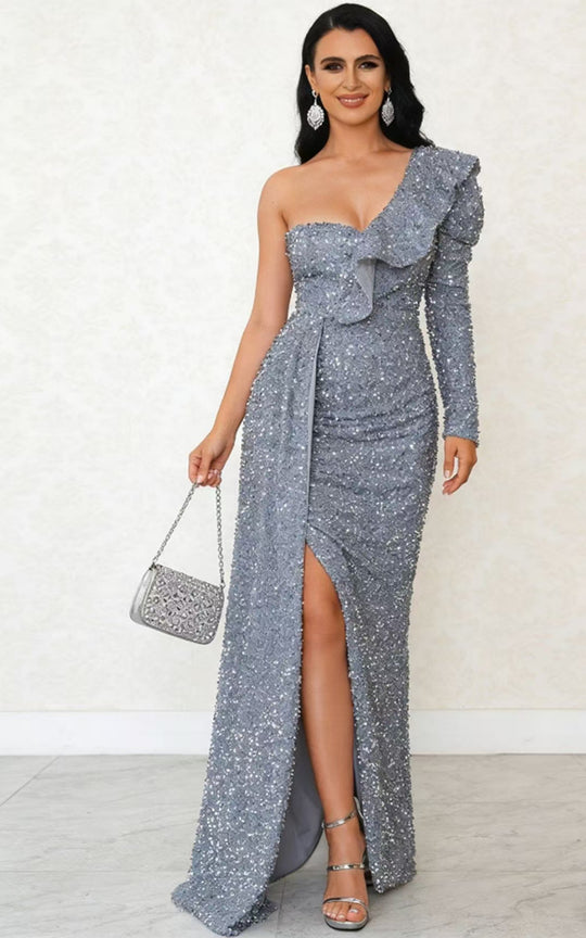 Damen Glamouröses Abendkleid mit asymmetrischem Cut und funkelnden Pailletten R&B