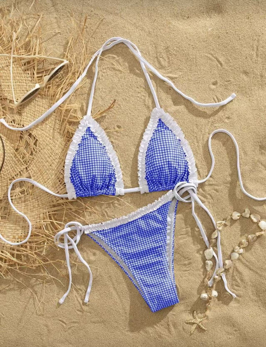 Damen Bikini-Set mit verspieltem Karomuster und charmanten Rüschendetails R&B