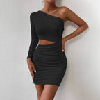 Damen Bodycon Kleid mit asymmetrischem Ausschnitt und Raffungen R&B