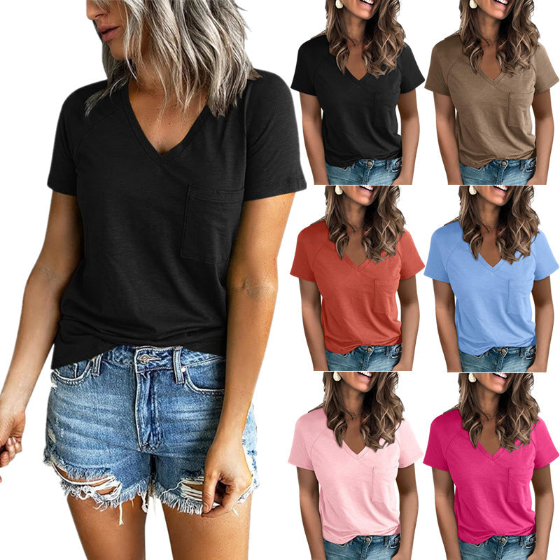 Damen V-Ausschnitt T-Shirt mit Brusttasche R&B