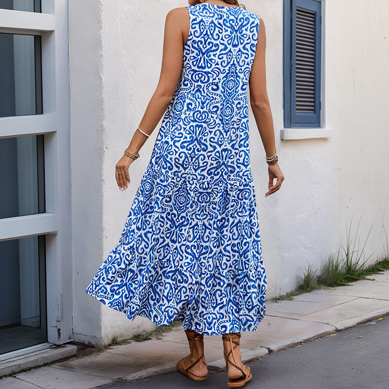 Damen Maxikleid mit romantischem Muster und tiefem V-Ausschnitt R&B