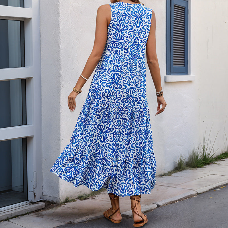 Damen Maxikleid mit romantischem Muster und tiefem V-Ausschnitt R&B