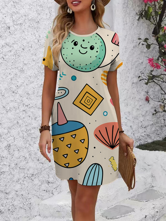 Damen lässiges T-Shirt Kleid mit kreativem Stempel-Design R&B