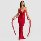 Damen Elegantes Kleid mit fließendem Rüschen-Detail und langen Bändern R&B