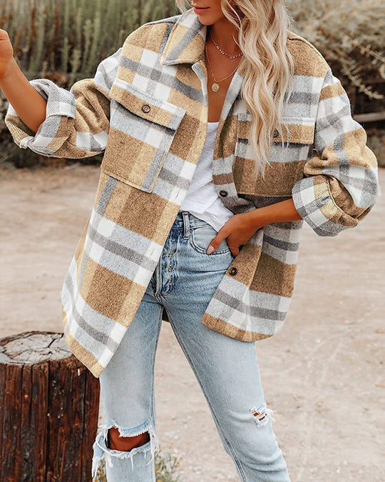 Damen Flanell Overshirt mit kariertem Muster und praktischen Brusttaschen R&B