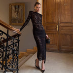 Damen Elegantes langärmliges Spitzenkleid mit seitlichem Raffungseffekt R&B
