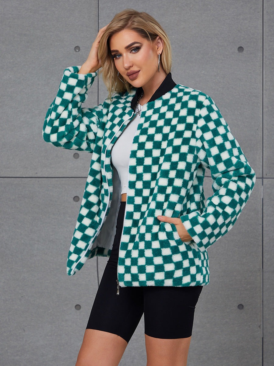 Damen Modische Kunstpelzjacke mit Karomuster und hohem Kragen R&B