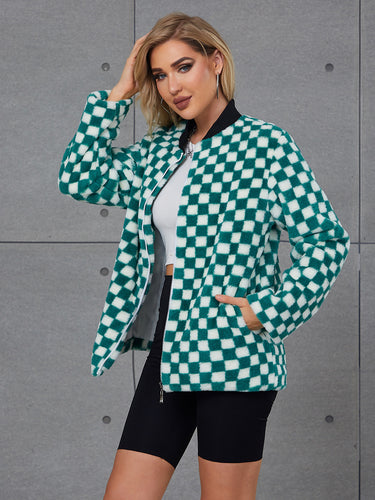 Damen Modische Kunstpelzjacke mit Karomuster und hohem Kragen R&B