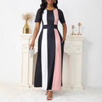 Damen Maxikleid mit modischem Blockstreifen-Design und praktischen Taschen R&B