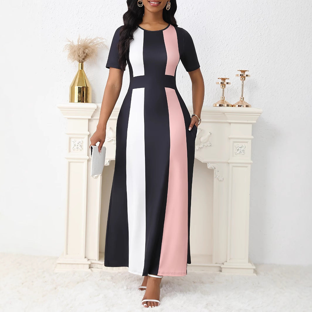 Damen Maxikleid mit modischem Blockstreifen-Design und praktischen Taschen R&B