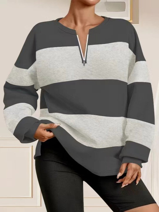 Damen Langarm Sweatshirt mit modernem Reißverschluss und gestreiftem Design R&B