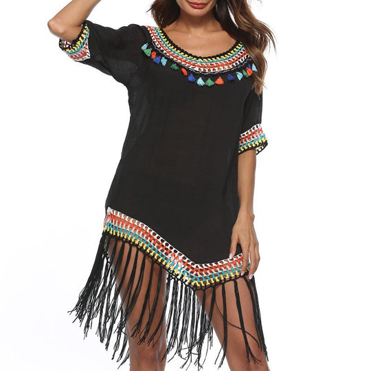 Damen Strandüberwurfkleid mit fransigem Saum und buntem Häkelmuster R&B