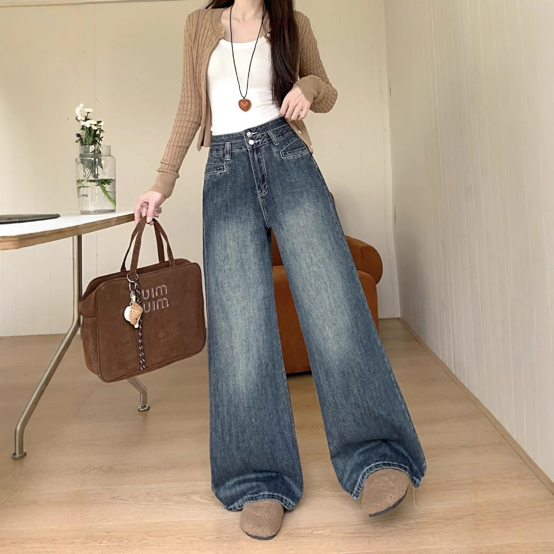 Damen Bequeme High-Waist Weitjeans mit Knopfdetail und modernen Taschen R&B